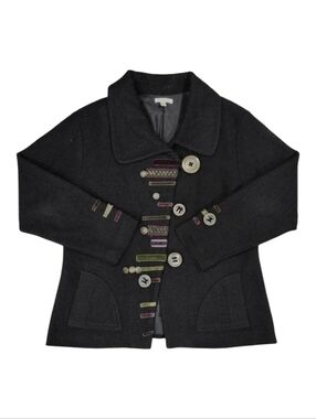 Carson~Women Wool Applique Button Jacket~Lagenlook~Black Artsy Whimsical~XL